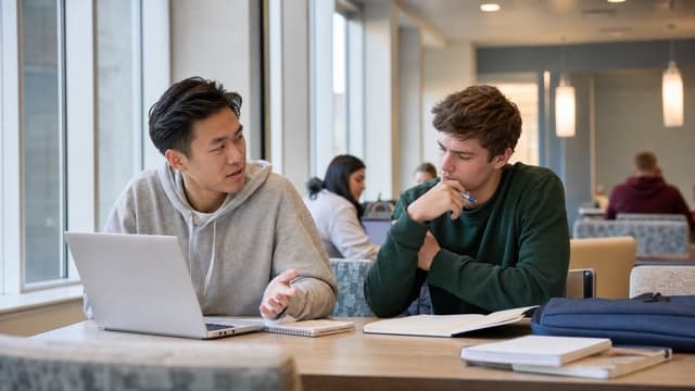 Two students discuss an old assignment in a campus study lounge.