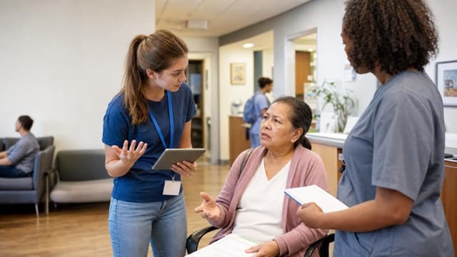 A clinic volunteer notices a patient struggling to understand instructions.