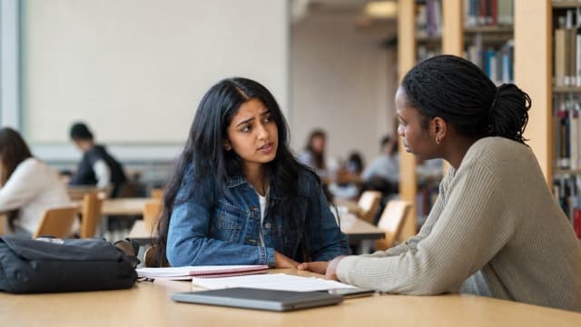 Two students discuss an exam integrity concern in a campus library.