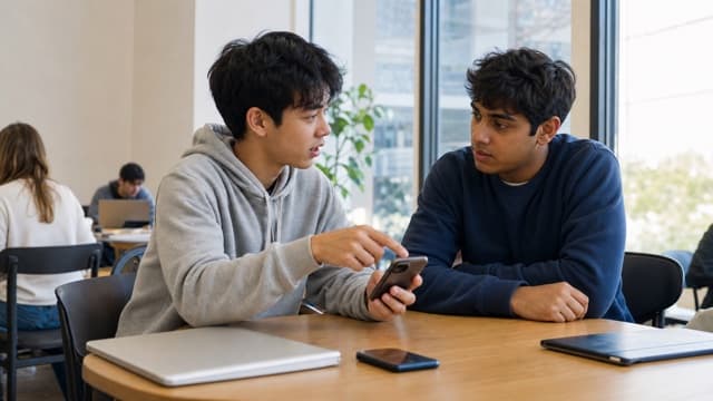 Two students discuss a concerning online comment on a phone.