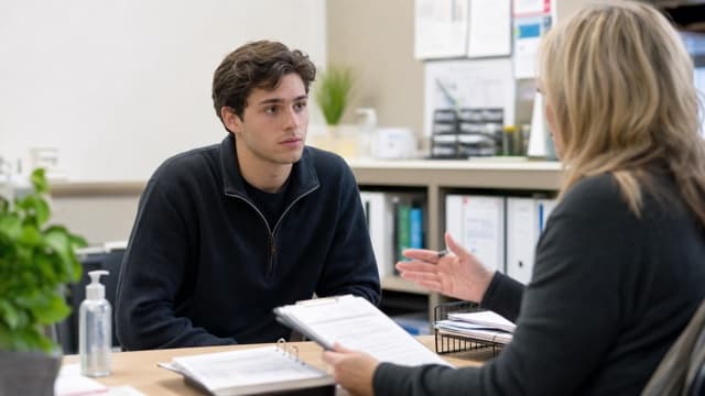 A volunteer discusses shift paperwork with a coordinator.