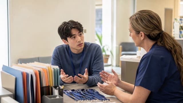 A volunteer team lead discusses role expectations with a student.