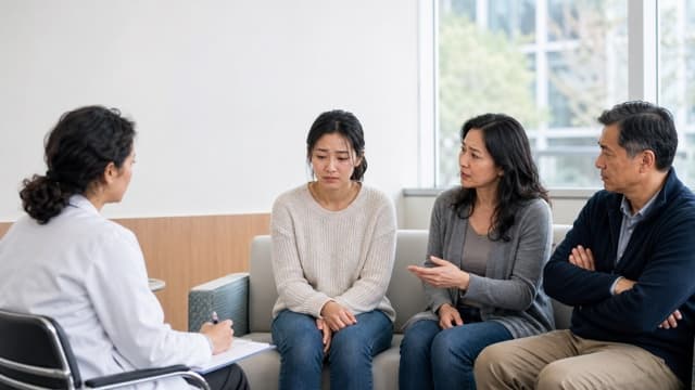 A patient, family members, and a clinician discuss care in a clinic room.