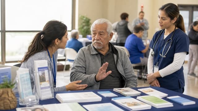 A volunteer offers help to an older adult at a community health event.