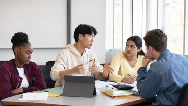 Students discuss presentation roles while one peer is left out.