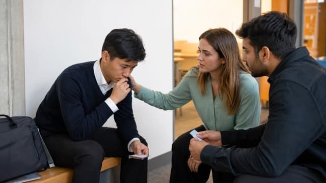 Students support a nervous peer before a presentation.