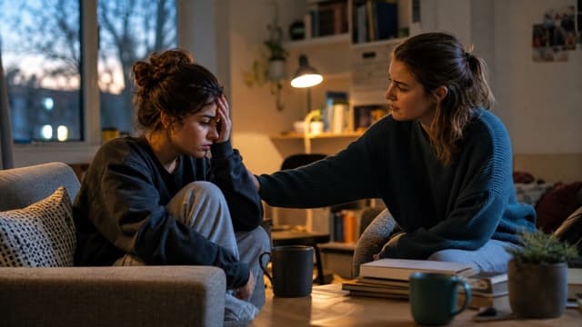 One roommate gently checks on another who appears overwhelmed at home.