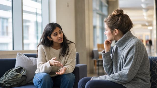 Two students discuss a request for special treatment in a student lounge.