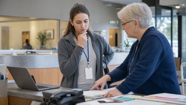 A trainee considers a supervisor's paperwork request at a clinic desk.