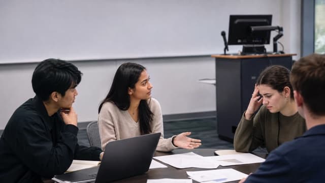 A student team discusses credit after a shared presentation.