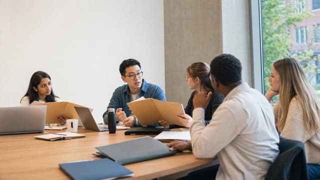 A student selection committee reviews applications in a meeting room.