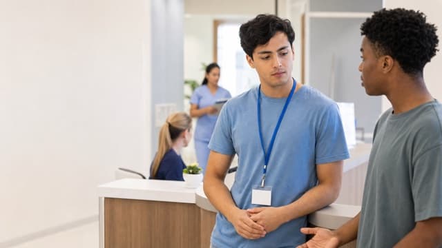 A clinic volunteer responds carefully to a friend's quiet question.